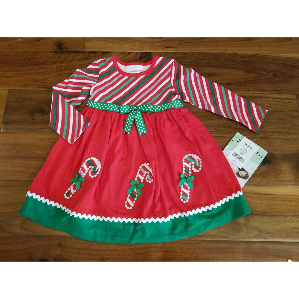 Bonnie Baby Jean Candy Cane Dress Size 24 Months Christmas Holiday Red White Grn